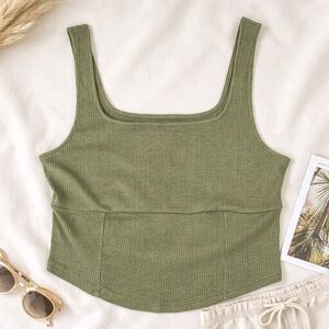 American Eagle Ribbed Cropped Tank Top Olive Green Square Neck Size L NWT